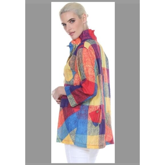 TERRA SJ Apparel Patchwork Multicolor Button Shirt Ruffle Collar Tunic Large - Picture 2 of 13